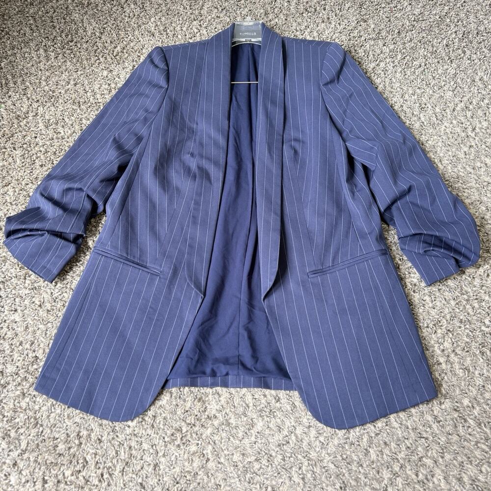 Express Blazer Ruched Sleeves Open Front Women's Small Navy Blue Pinstriped